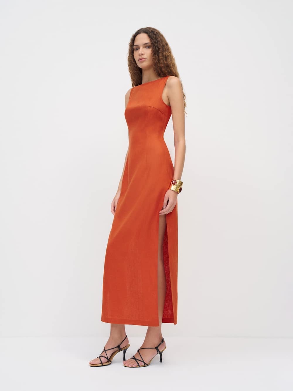 Reformation Orange Sleeveless Midi Dress with Side Slit